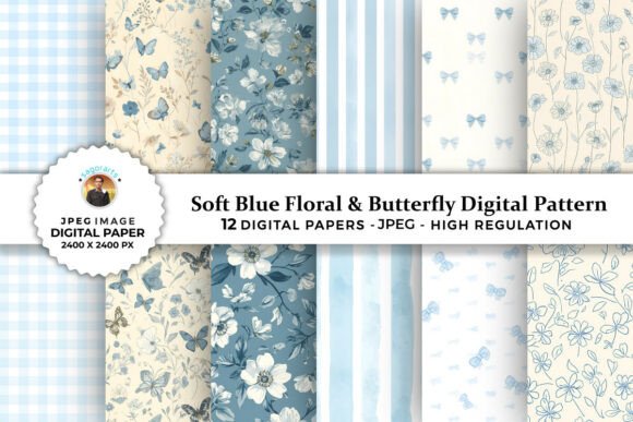 Blue Floral Butterfly Digital Patterns for Creative Projects