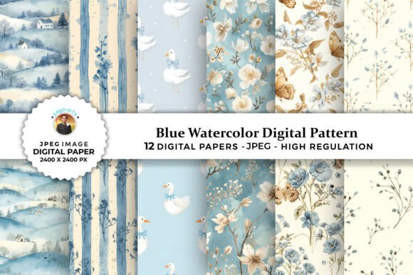 Blue Watercolor Digital Patterns for Creative Projects