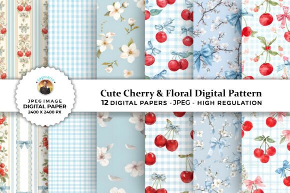 Cute Cherry Floral Digital Patterns for Creative Projects