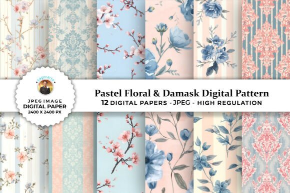 Pastel Floral Damask Digital Patterns for Creative Projects