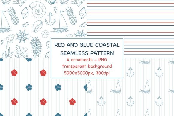 Red Blue Nautical PNG Seamless Patterns